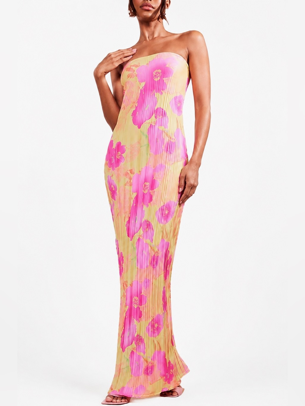 KMBANGI Pink Floral Pleated Strapless Maxi Dress Backless Tie Size S